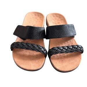 Vionic Jeanne Black Leather Braided Slide Sandals Womens 7 Wide Orthotic Comfort